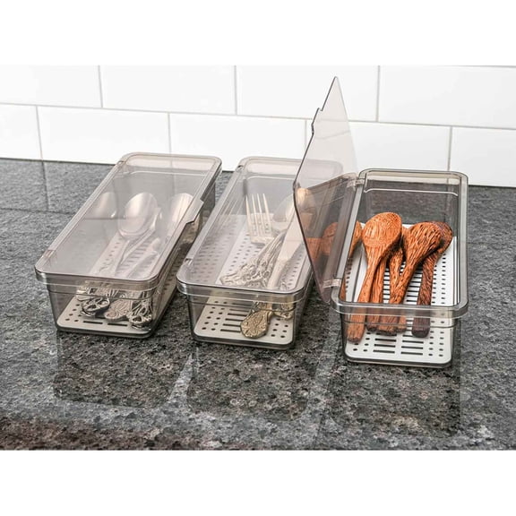 Flatware Trays with Lid and Drainer, Plastic Utensil Holder for Kitchen Counter, Silverware Storage Box Covered Cutlery Container for Home