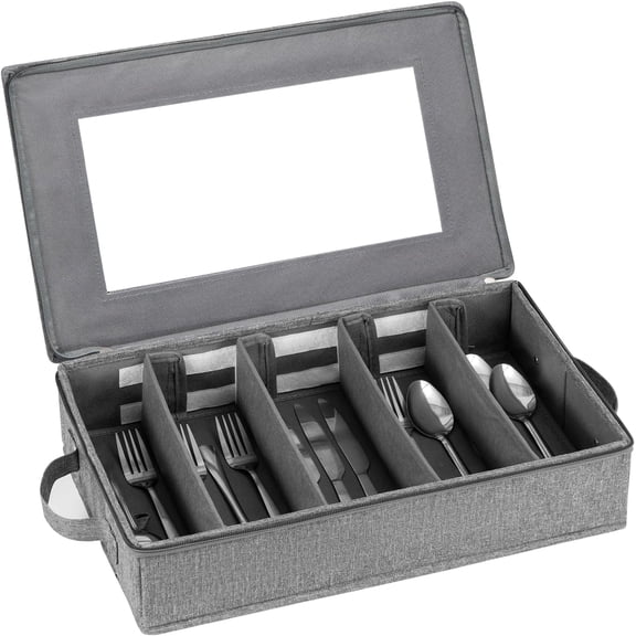 Flatware Utensil Storage Case with Adjustable Dividers, Large Capacity Cutlery Organizer Box with Zipper Lid, Silverware and Knife Storage Chest, Gray Kitchen Drawer Organizer