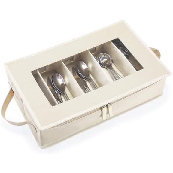 Flatware Utensil Storage Case, Beige Large Capacity Silverware Storage Box Chest with Adjustable Dividers, Removable Cutlery Storage Holder with Zipper Lid for Organizing Spoon/Flatware/Knives
