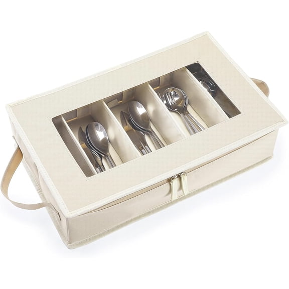 Flatware Utensil Storage Case, Beige Large Capacity Silverware Storage Box Chest with Adjustable Dividers, Removable Cutlery Storage Holder with Zipper Lid for Organizing Spoon/Flatware/Knives