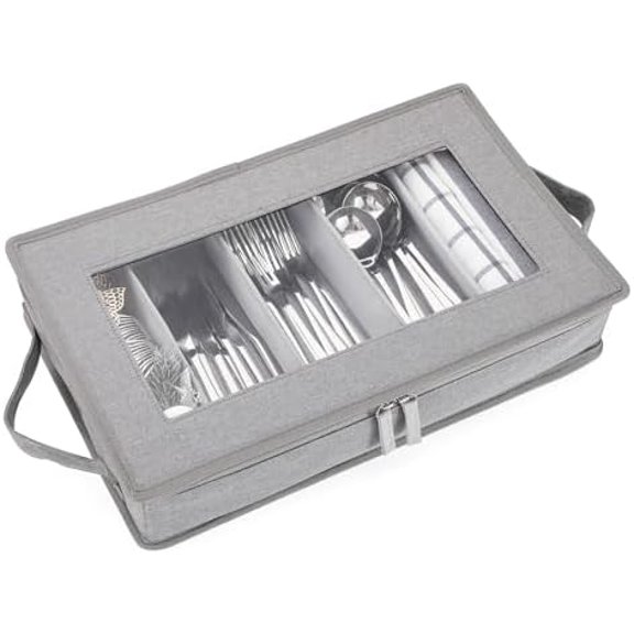 Flatware Utensil Storage Case, Grey Silverware Storage Box Chest with Adjustable Dividers, Removable Cutlery Storage Holder with Zipper Lid for Organizing Spoon/Flatware/Knives