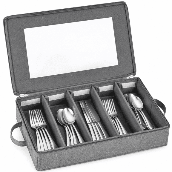 Flatware Utensil Storage Case, Silverware Storage Box Chest with Dividers | 5 Compartment Flatware Storage Box with Zipper Lid for Organizing Cutlery, Flatware, Knives, Large Capacity Gray