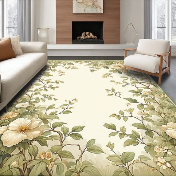 Flatwoven High Traffic Area Rug, ACELENE Floral Area Sage & Beige Botanical Woven Design, Non Slip, Stain Resistant, Washable Area Rugs for Living Room, Bedroom(Beige, 5X7)
