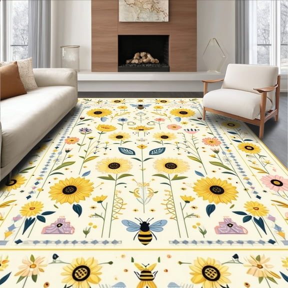 ODIKA 2'x3' Machine Washable Non-Slip Area Rug, Abstract Bee Charmed and Graceful Sunflower Floral Patterned High Traffic Rug, Yellow, 198514