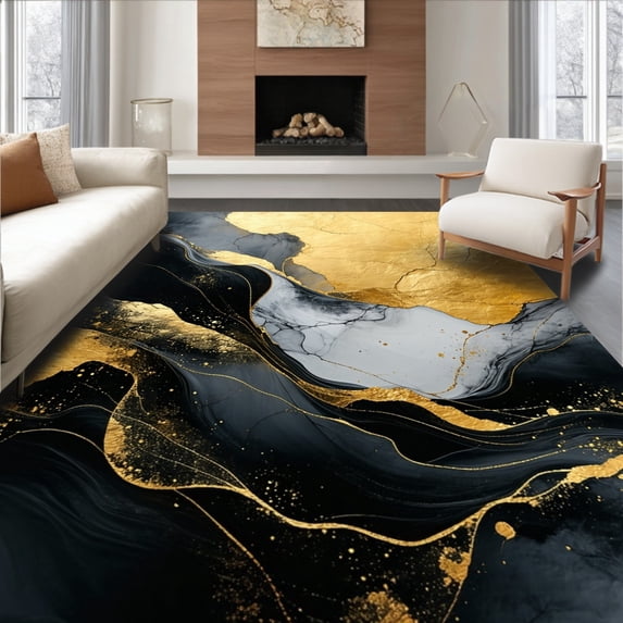 ODIKA 5'x7' Machine Washable Non-Slip Area Rug, Abstract Black Gold Swirl Marbled Grey Yellow Art Accent High Traffic Rug, Black, 109021
