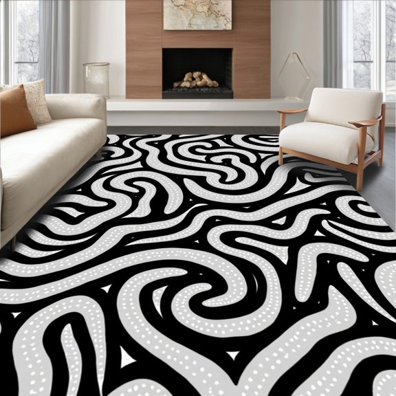 Flatwoven High Traffic Area Rug, Abstract Boho Snake Waves with Stylized Tribal Detailing, Non Slip, Stain Resistant, Washable Area Rugs for Living Room, Bedroom(Black, 6X6)