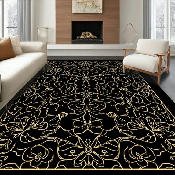 ODIKA 4'x6' Machine Washable Non-Slip Area Rug, Abstract Botanical Motif Symmetrical Vines Stylized Blossom Clusters High Traffic Rug, Black, 240101