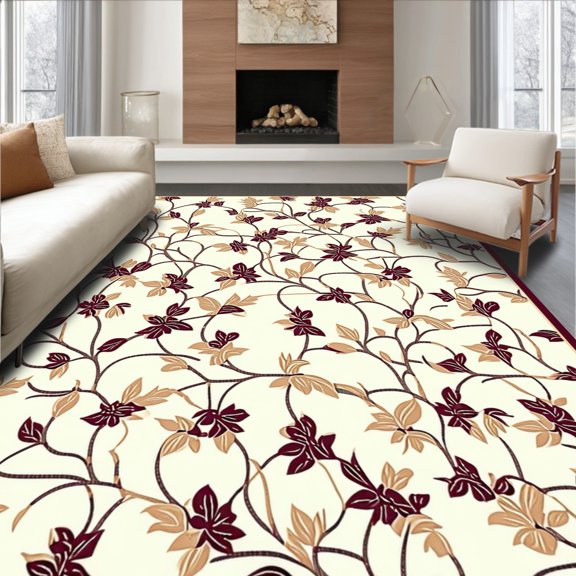 Flatwoven High Traffic Area Rug, Abstract Botanical Scroll, Non Slip, Stain Resistant, Washable Area Rugs for Living Room, Bedroom(Beige, 4X6)