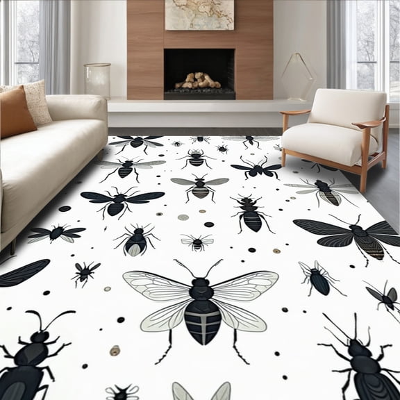 Flatwoven High Traffic Area Rug, Abstract Bug Print, Non Slip, Stain Resistant, Washable Area Rugs for Living Room, Bedroom(Black, 2X3)