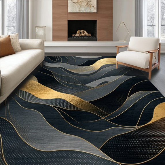 Flatwoven High Traffic Area Rug, Abstract Charcoal Waves With Gleaming Amber Accent Indoor, Non Slip, Stain Resistant, Washable Area Rugs for Living Room, Bedroom(Black, 4X6)