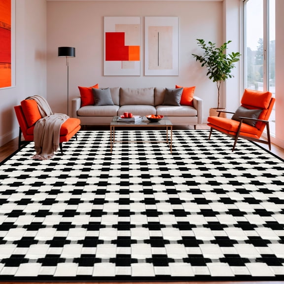 Flatwoven High Traffic Area Rug, Abstract Checkered Tile Design Throw Rug with Subtle Accents, Non Slip, Stain Resistant, Washable Area Rugs for Living Room, Bedroom(Black, 2X3)