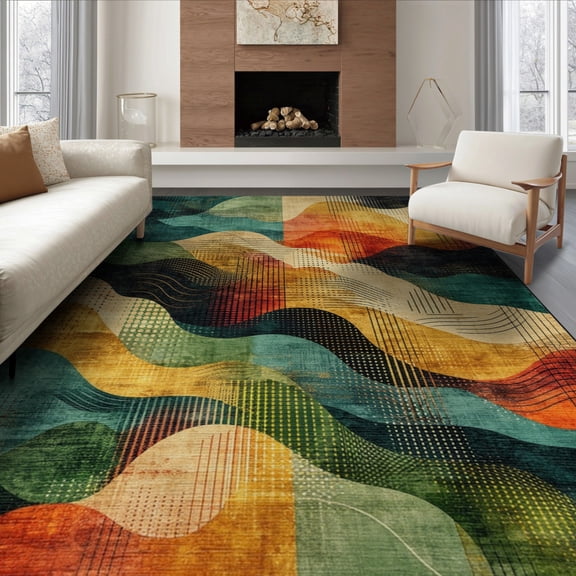 ODIKA 6'x9' Abstract Colorful Gold Black Green Orange Wave Washable Area Rug for Dining Room, Under Table, Office Décor, Non-Slip Chair-Friendly