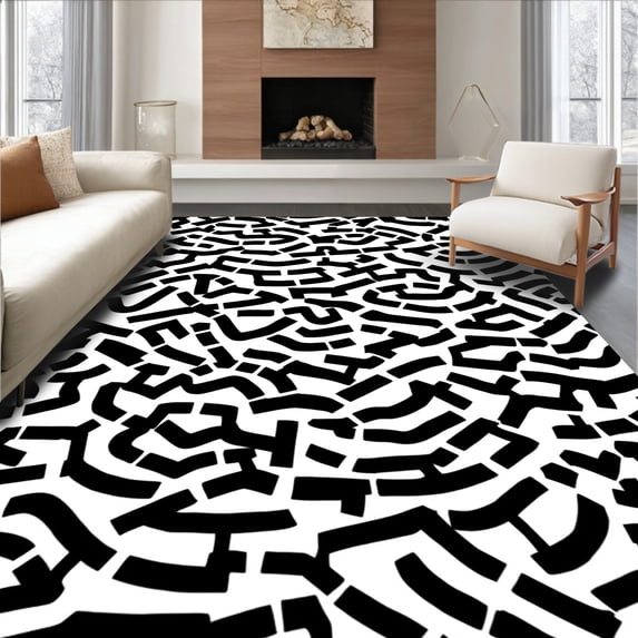 ODIKA 8'x8' Machine Washable Non-Slip Area Rug, Abstract Cowhide Inspired High Traffic Rug, Black, 292279