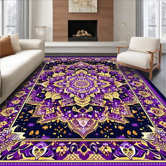 ODIKA 8'x10' Machine Washable Non-Slip Area Rug, Abstract with Deep Purple and Gold Accents High Traffic Rug, Purple, 53620