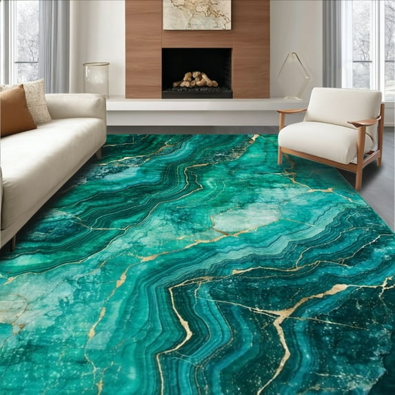 ODIKA 3'x5' Machine Washable Non-Slip Area Rug, Abstract Emerald Flowing Marble Veins Design Accent High Traffic Rug, Teal, 140610