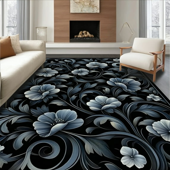 ODIKA 5'x7' Machine Washable Non-Slip Area Rug, Abstract Floral Black Botanical High Traffic Rug, Gray, 83801