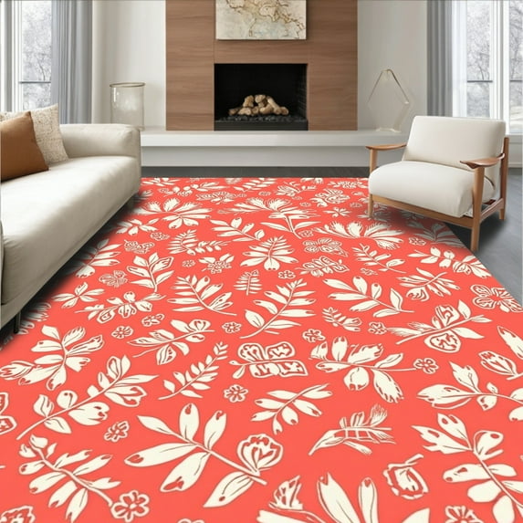 Flatwoven High Traffic Area Rug, Abstract Floral Burst Area, Non Slip, Stain Resistant, Washable Area Rugs for Living Room, Bedroom(Red, 6X9)