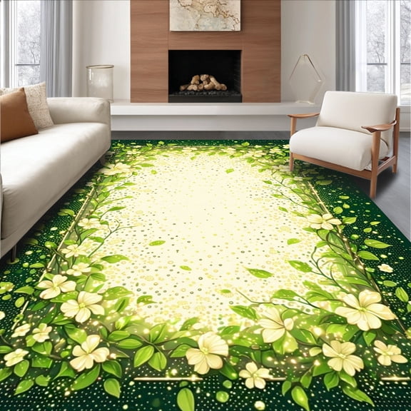 Flatwoven High Traffic Area Rug, Abstract Floral Burst Rug with Radiating Petal and Dot Elements, Non Slip, Stain Resistant, Washable Area Rugs for Living Room, Bedroom(Green, 6X9)