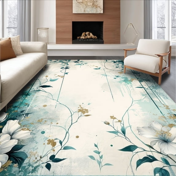 ODIKA 2'x3' Machine Washable Non-Slip Area Rug, Abstract Floral Modern Corridor Design High Traffic Rug, Teal, 148319