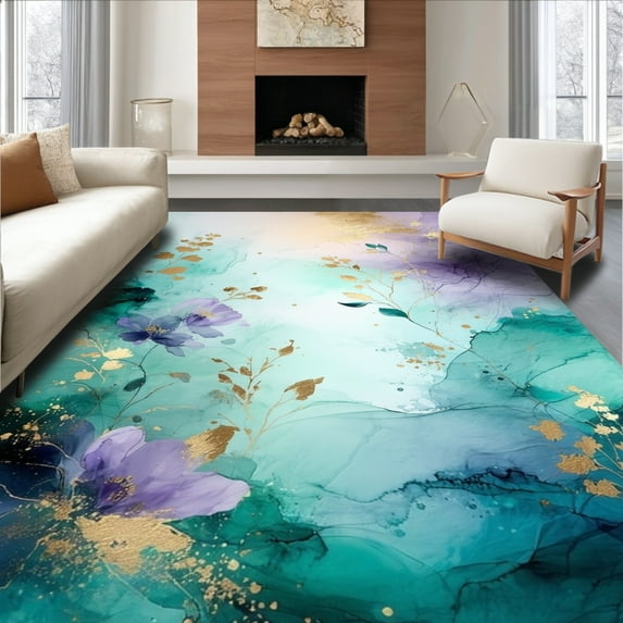 ODIKA 8'x10' Machine Washable Non-Slip Area Rug, Abstract Floral Symphony Artistic Throw for High Traffic Rug, Teal, 157609