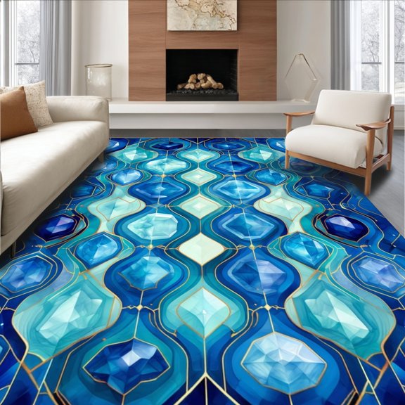 Flatwoven High Traffic Area Rug, Abstract Geode Swirl Small Circular Throw Rug, Non Slip, Stain Resistant, Washable Area Rugs for Living Room, Bedroom(Blue, 4X6)