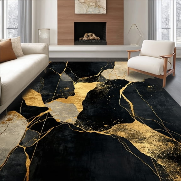 Flatwoven High Traffic Area Rug, Abstract Gold Stone Round Circular, Non Slip, Stain Resistant, Washable Area Rugs for Living Room, Bedroom(Black, 4X6)