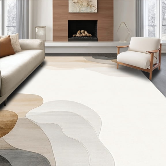 ODIKA 4'x6' Machine Washable Non-Slip Area Rug, Abstract Hues Modern Floor Art Neutral Palette High Traffic Rug, Beige, 77271