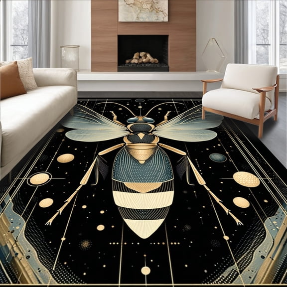 Flatwoven High Traffic Area Rug, Abstract Insect Featuring Wing Veins and Body Segmentation, Non Slip, Stain Resistant, Washable Area Rugs for Living Room, Bedroom(Gold, 4X6)