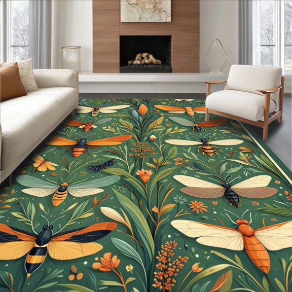 Flatwoven High Traffic Area Rug, Abstract Insect Swarm Design with Interlocking Winged Creatures, Non Slip, Stain Resistant, Washable Area Rugs for Living Room, Bedroom(Green, 4X6)