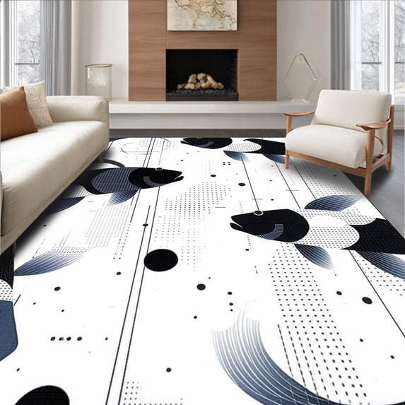 ODIKA 5'x7' Machine Washable Non-Slip Area Rug, Abstract Koi Fish Modern Welcome Graphic Porch Entry High Traffic Rug, Black, 101960