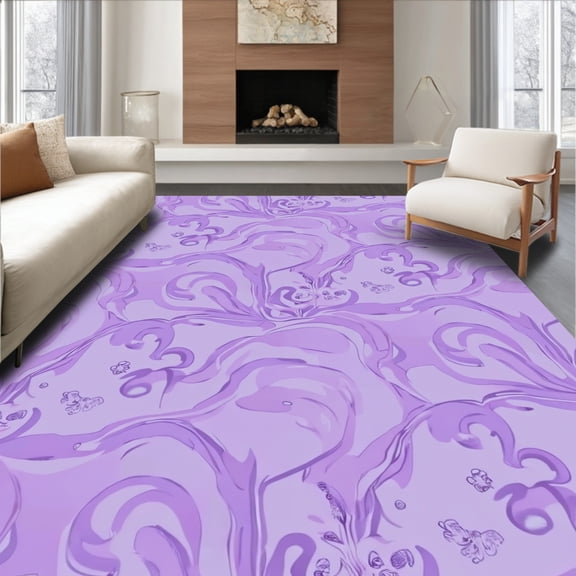 Flatwoven High Traffic Area Rug, Abstract Lilac Waves with Delicate Floral Embellishments, Non Slip, Stain Resistant, Washable Area Rugs for Living Room, Bedroom(Purple, 4X6)