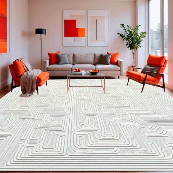 Flatwoven High Traffic Area Rug, Abstract Linear Maze Rug Featuring Intersecting Angular and Curved Lines, Non Slip, Stain Resistant, Washable Area Rugs for Living Room, Bedroom(Gray, 4X6)