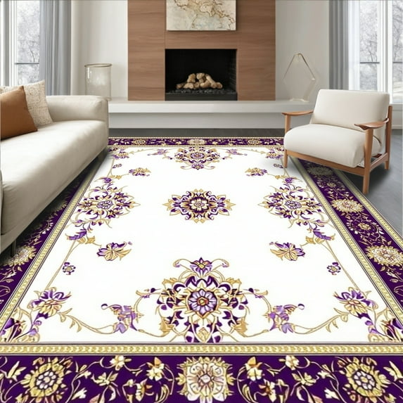 ODIKA 4'x6' Machine Washable Non-Slip Area Rug, Abstract Loom Floral High Traffic Rug, White, 46980