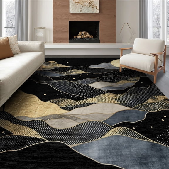 ODIKA 6'x9' Abstract Black Washable Area Rug for Family Room, Living Mater Bedroom, Non-Slip, Easy Care