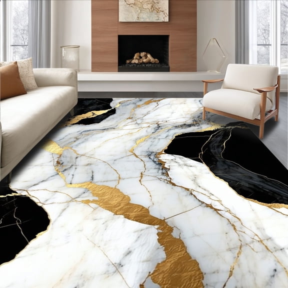 ODIKA 6'x9' Machine Washable Non-Slip Area Rug, Abstract Marble Geometric Luxe Lines Design High Traffic Rug, Black, 132531