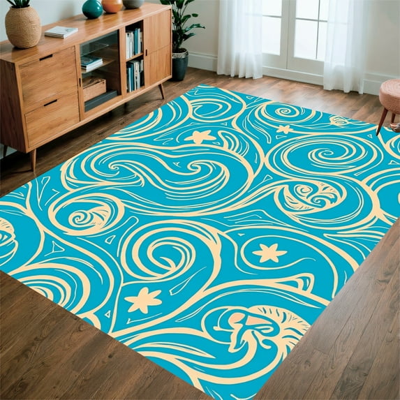 ODIKA 6'x6' Machine Washable Non-Slip Area Rug, Abstract Marine Life Composition Featuring Spiraled Shells and Wave High Traffic Rug, Blue, 323160