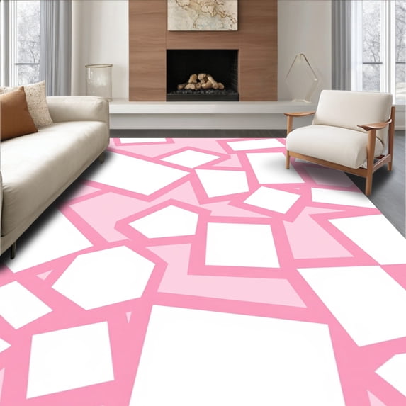 ODIKA 6'x6' Machine Washable Non-Slip Area Rug, Abstract Mosaic Composition with Tonal Variations High Traffic Rug, Pink, 393263