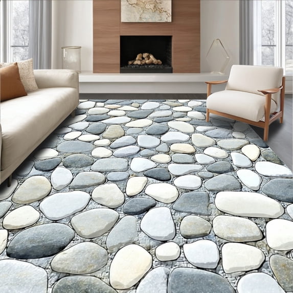 ODIKA 4'x6' Machine Washable Non-Slip Area Rug, Abstract Pebble Mosaic with Stone Like Forms and Muted Grey Overlays High Traffic Rug, Gray, 102488