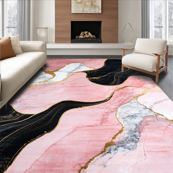 ODIKA 2'x3' Machine Washable Non-Slip Area Rug, Abstract Pink and Black High Traffic Rug with Pad, Pink, 36385