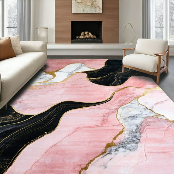 ODIKA 3'x5' Machine Washable Non-Slip Area Rug, Abstract Pink and Black High Traffic Rug with Pad, Pink, 36385