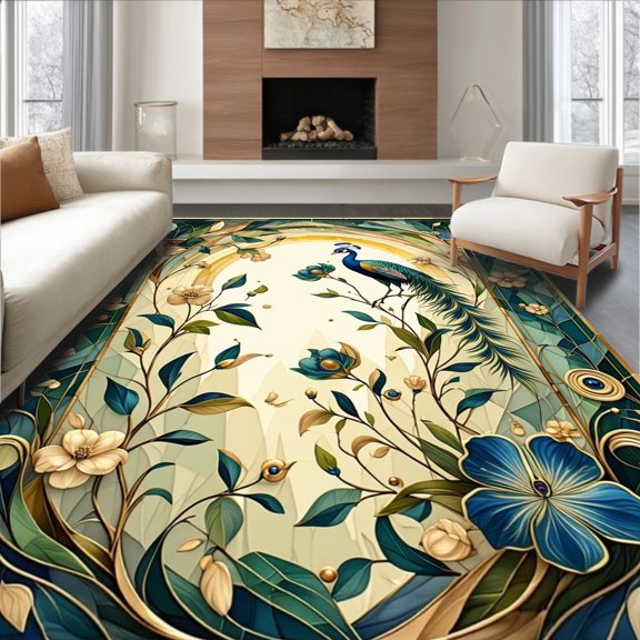 Flatwoven High Traffic Area Rug, Abstract Polygonal Peacock Curve With Leafy Sunburst Cross and Clover, Non Slip, Stain Resistant, Washable Area Rugs for Living Room, Bedroom(Teal, 2X3)