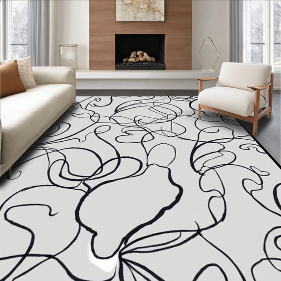 ODIKA 5'x7' Machine Washable Non-Slip Area Rug, Abstract Puppy Tracks with Swirling Paisley Accents and Faded Petals High Traffic Rug, Gray, 321590