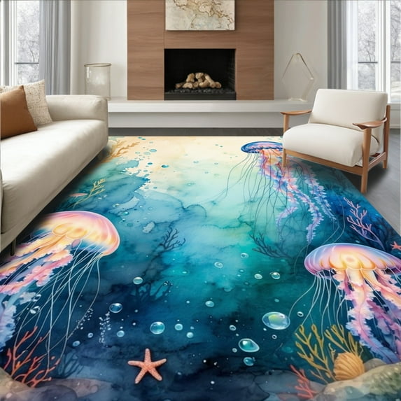 ODIKA 4'x6' Machine Washable Non-Slip Area Rug, Abstract Sea Creature High Traffic Rug, Blue, 282586