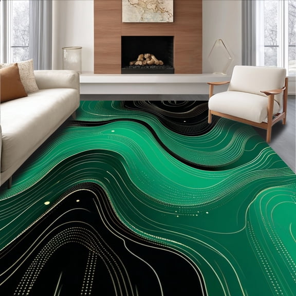 ODIKA 4'x6' Machine Washable Non-Slip Area Rug, Abstract Swirl Modern Glitter Wave Floor Carpets High Traffic Rug, Green, 147086