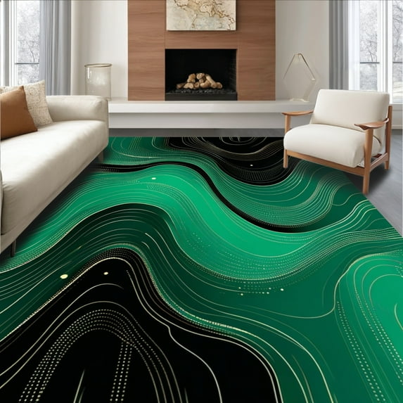 Flatwoven High Traffic Area Rug, Abstract Swirl Area Rugs Modern Glitter Wave Floor Mat Carpets, Non Slip, Stain Resistant, Washable Area Rugs for Living Room, Bedroom(Green, 4X6)