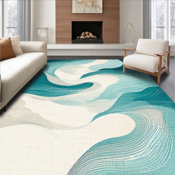 ODIKA 4'x6' Machine Washable Non-Slip Area Rug, Abstract Teal Waves on Ivory Ground with Modern Swirls High Traffic Rug, Green, 38931