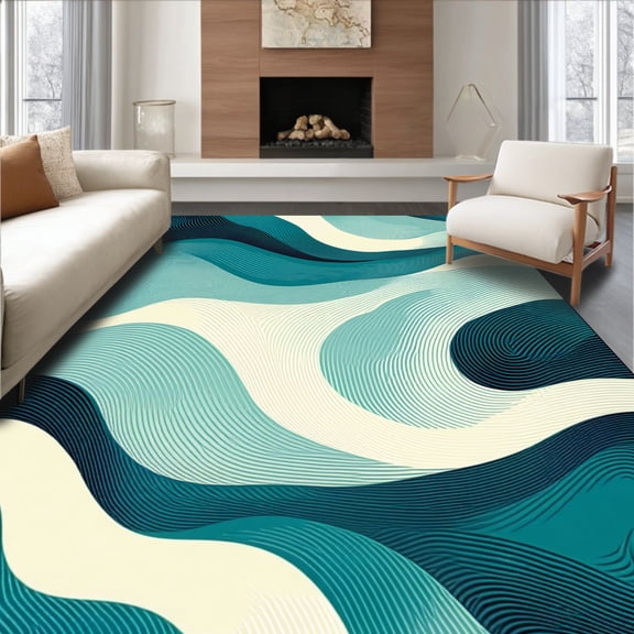 ODIKA 5'x7' Machine Washable Non-Slip Area Rug, Abstract Teal Swirl High Traffic Rug, Teal, 217194