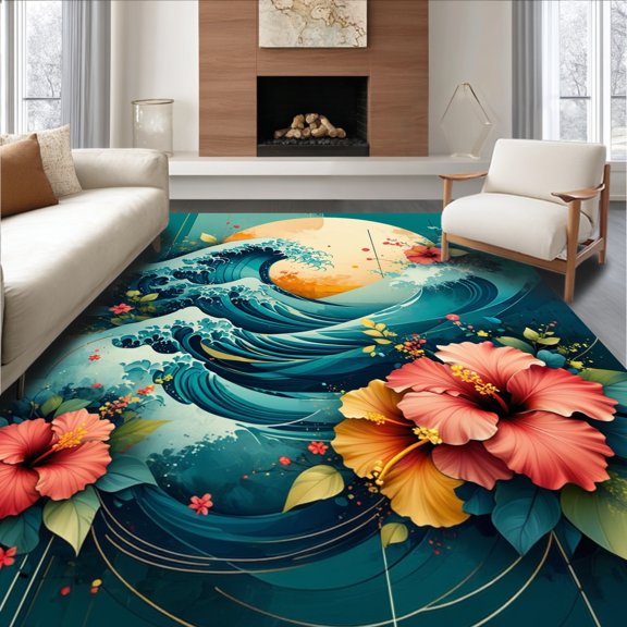 ODIKA 4'x6' Machine Washable Non-Slip Area Rug, Abstract Turbulent Waves Design With Hibiscus And Chaotic Leaf High Traffic Rug, Teal, 180742
