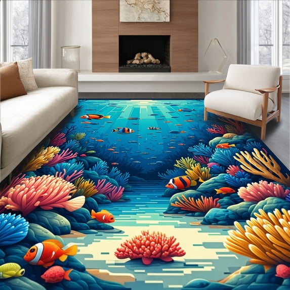 ODIKA 4'x6' Machine Washable Non-Slip Area Rug, Abstract Undersea World Optical Illusion High Traffic Rug, Blue, 68565