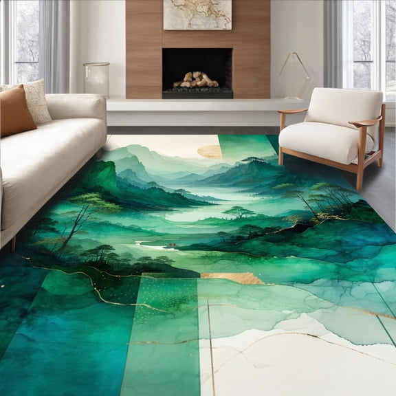 ODIKA 2'x3' Machine Washable Non-Slip Area Rug, Abstract Watercolor Ombre with Subtle Gradient Layers High Traffic Rug, Green, 255930